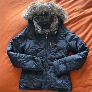 Eddie Bauer Black Puffer Jacket with Faux Fur Hood